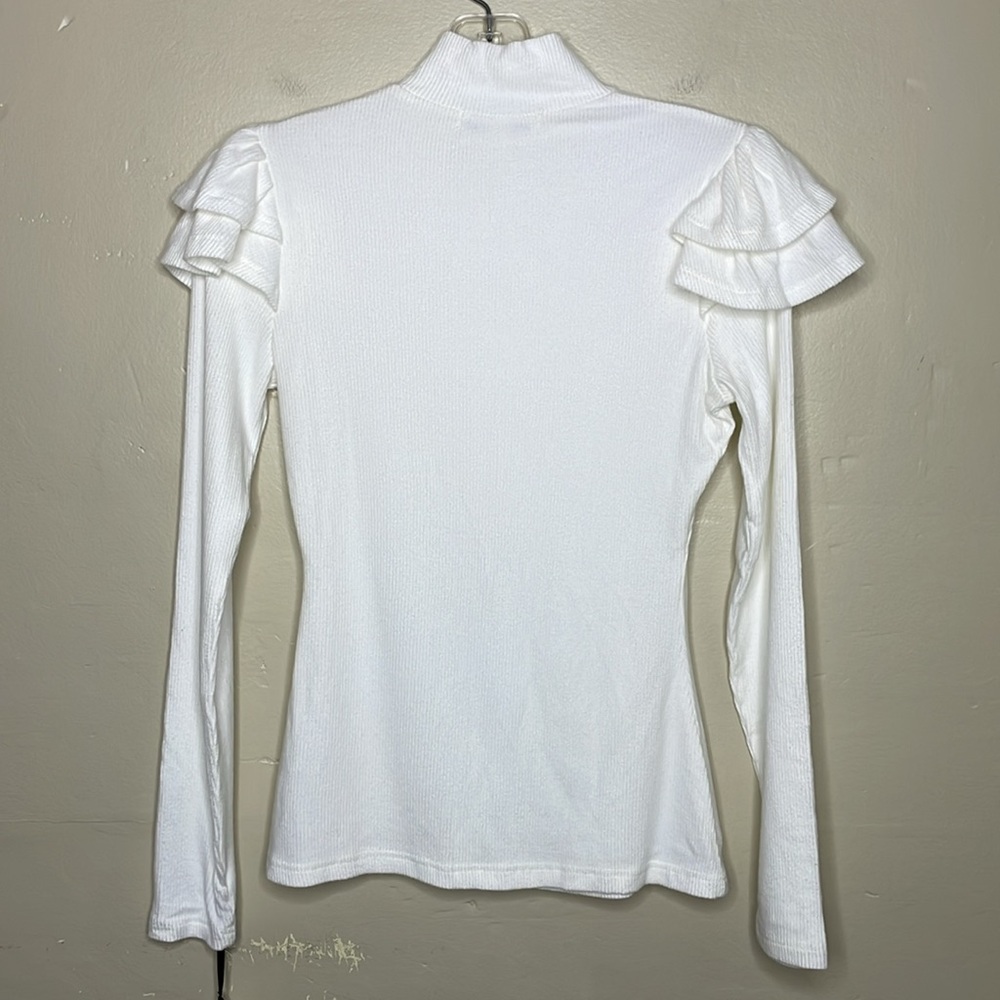 PENELOPE ROSE Top Cream Soft Ribbed Mock Neck Double Ruffle Shoulder Accent Sm - Picture 2 of 10
